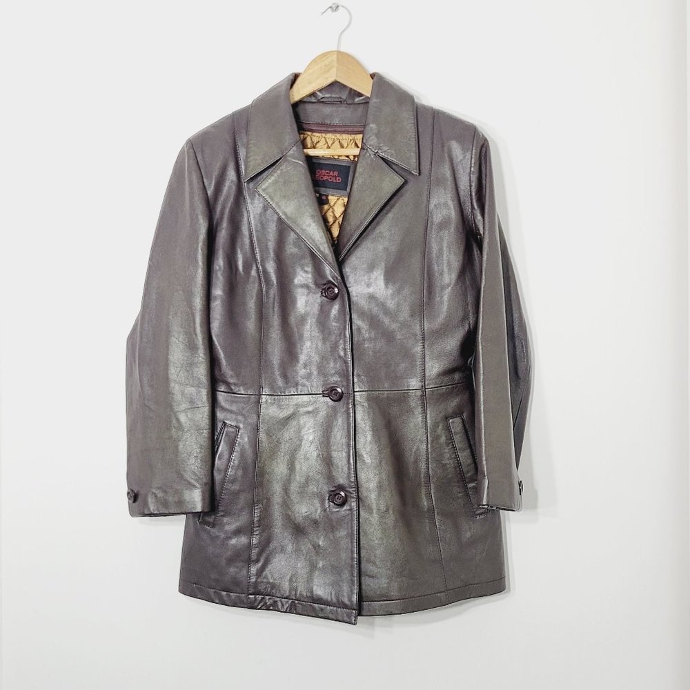 Oscar Leopold Brown 100% Lambskin Leather Lined Button Jacket Y2K Style Size XS